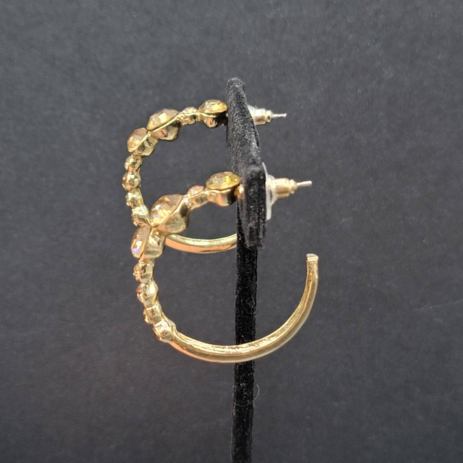 Pierced Earrings Gold tone Yellow Rhinestone Hoops 1.25"