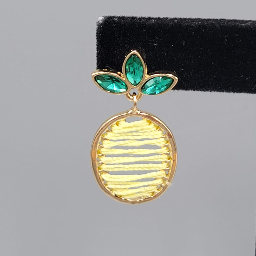 Pineapple Pierced Earrings Gold tone Green Rhinestone Yellow Thread Dangle 1.25"