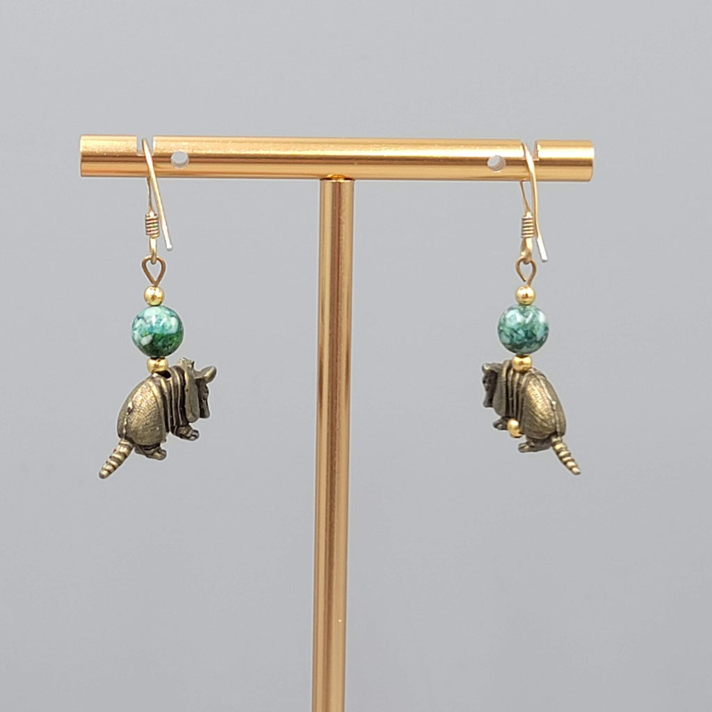 Armadillo Bead Pierced Earrings Bronze tone Dangle 7/8"