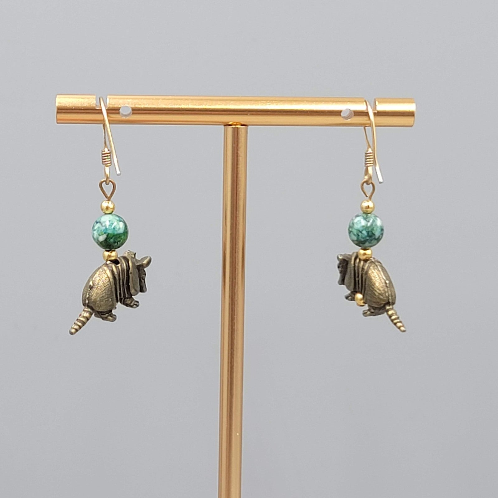 Armadillo Bead Pierced Earrings Bronze tone Dangle 7/8"