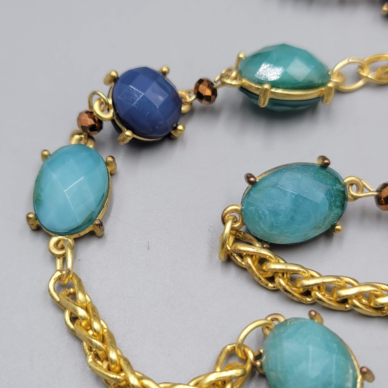 Necklace Bright Gold tone Blue Bead Long 36"