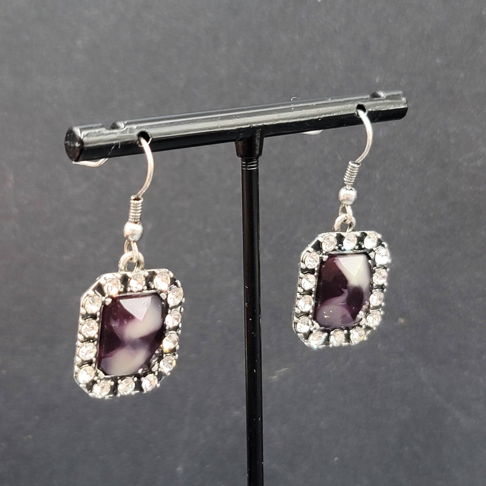 Pierced Earrings Silver tone Rhinestone Gray Faceted Dangle 3/4"