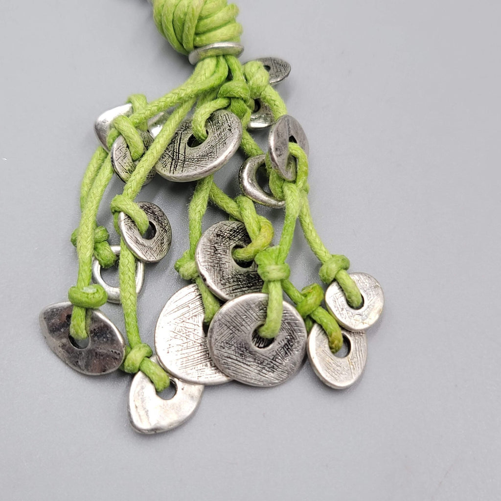 Coldwater Creek Necklace Green Cord Silver tone Accents 20"