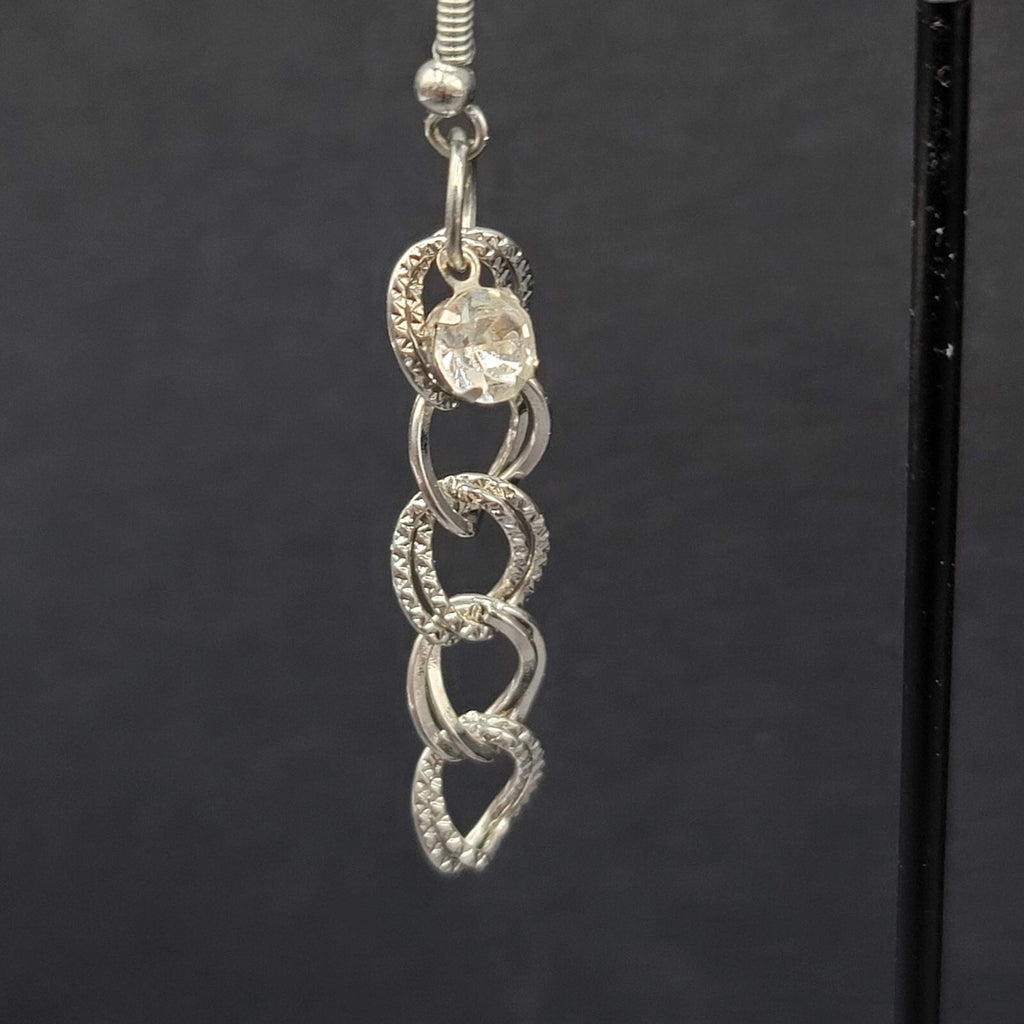 Pierced Earrings Hammered Dangle Chains Rhinestone 1.75"