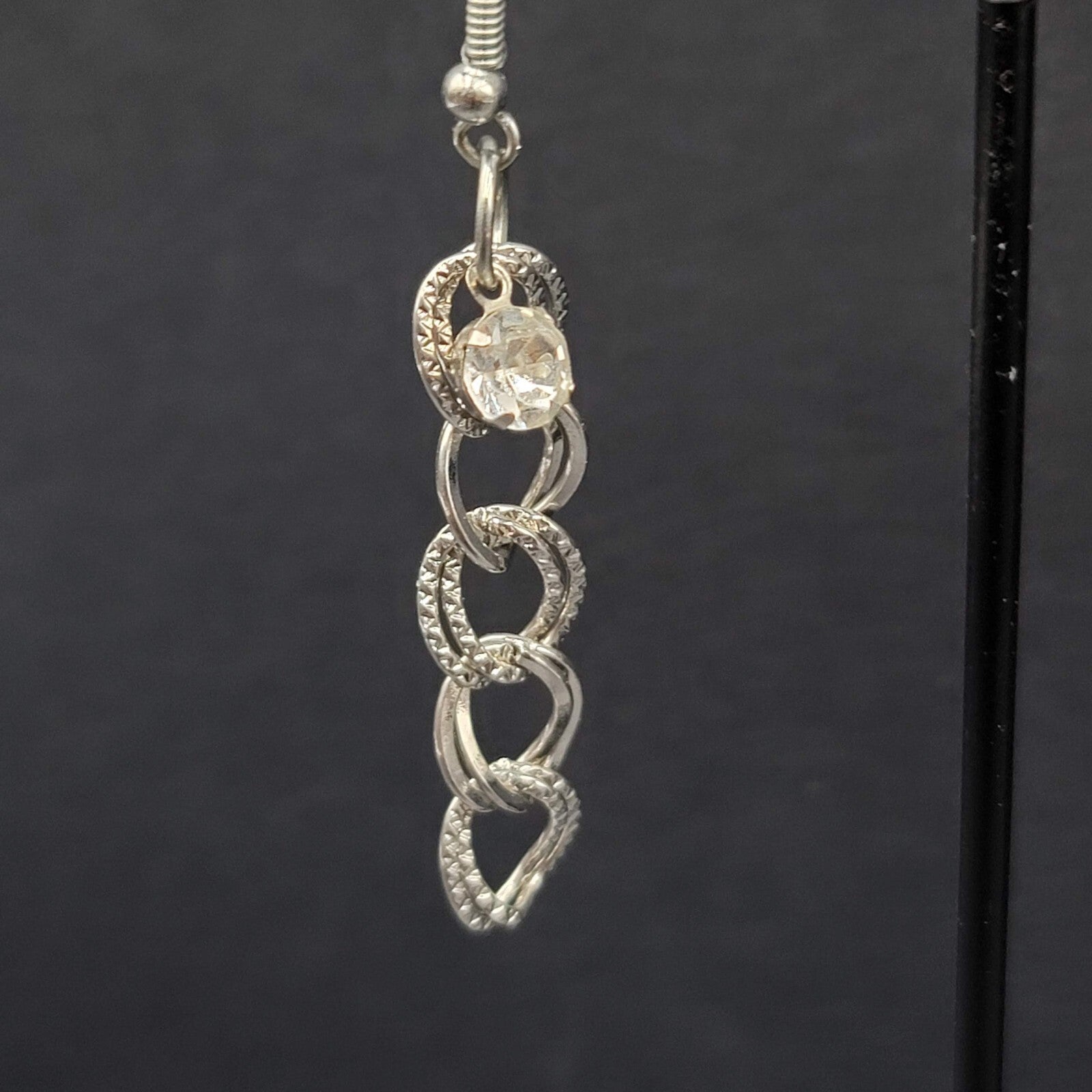 Pierced Earrings Hammered Dangle Chains Rhinestone 1.75"