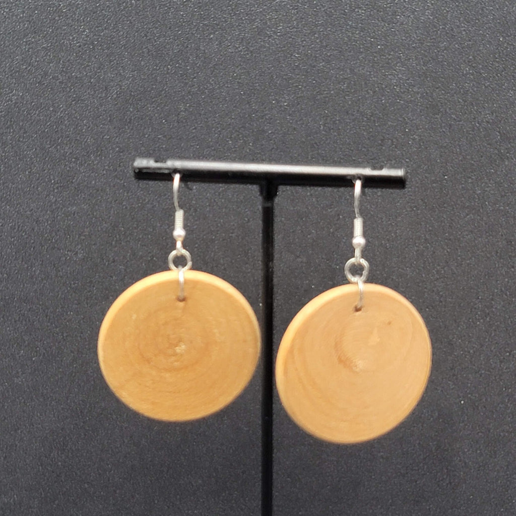 Pierced Earrings Silver tone Real Wood Discs Dangle Boho 1.5"