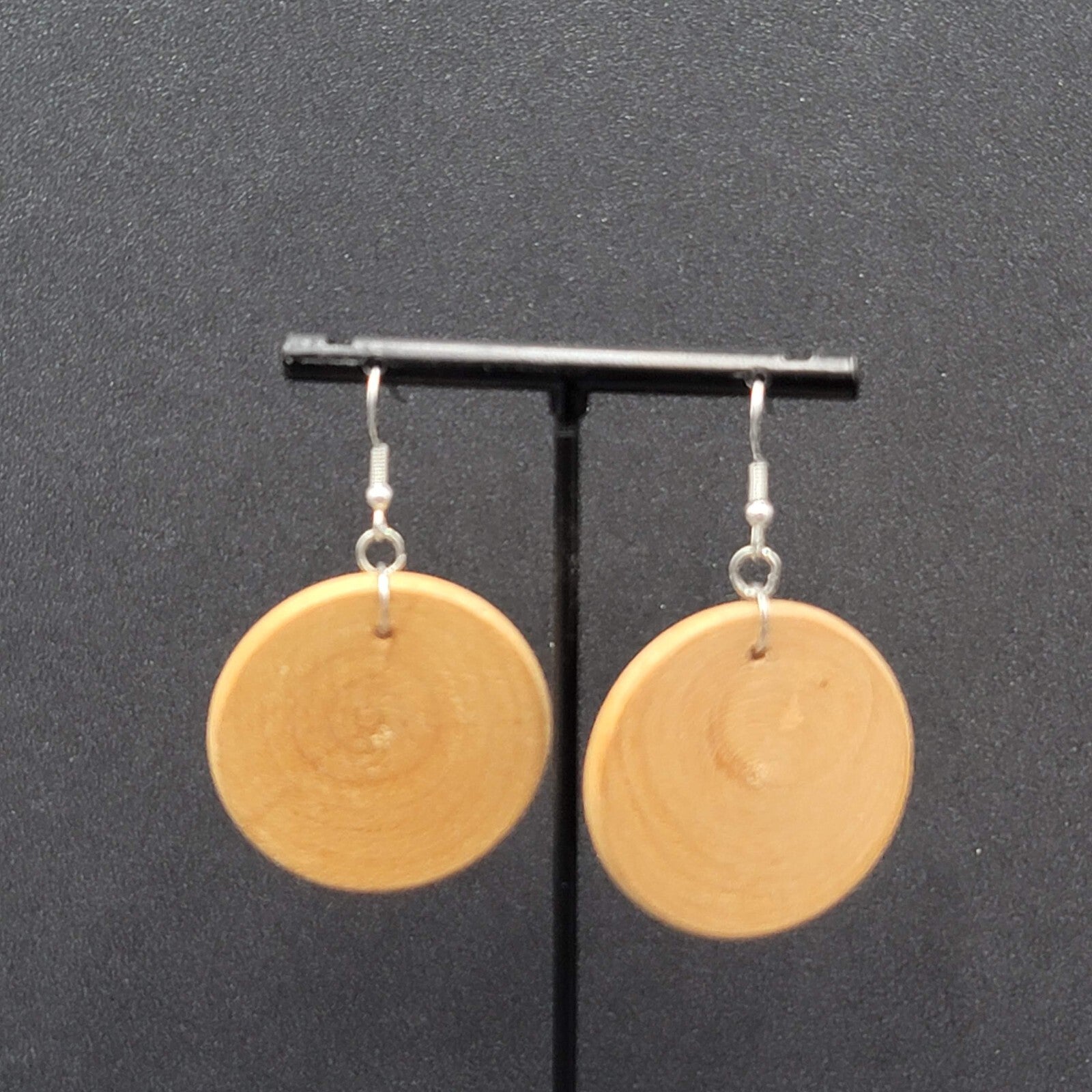 Pierced Earrings Silver tone Real Wood Discs Dangle Boho 1.5"