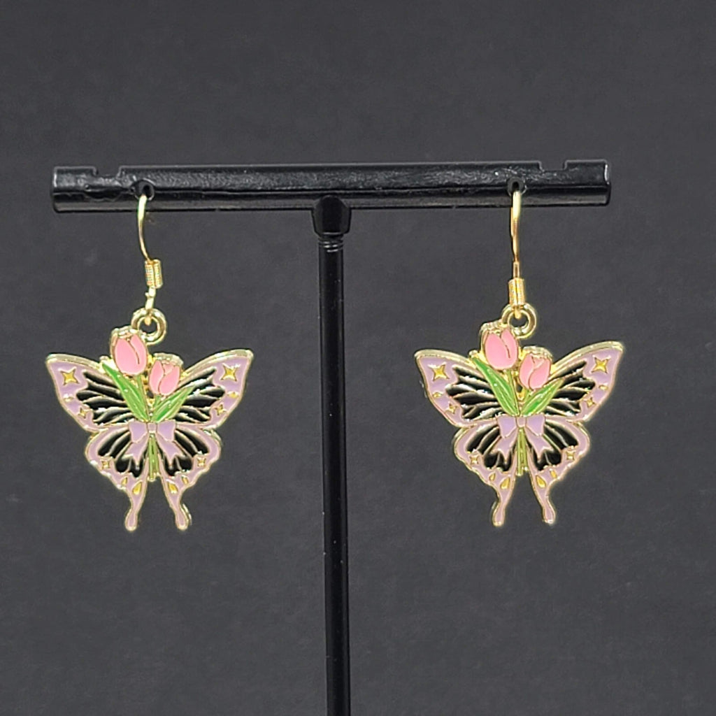 Pink Tulip Purple Moth Enamel Pierced Earrings Gold tone Dangle Butterfly 1"