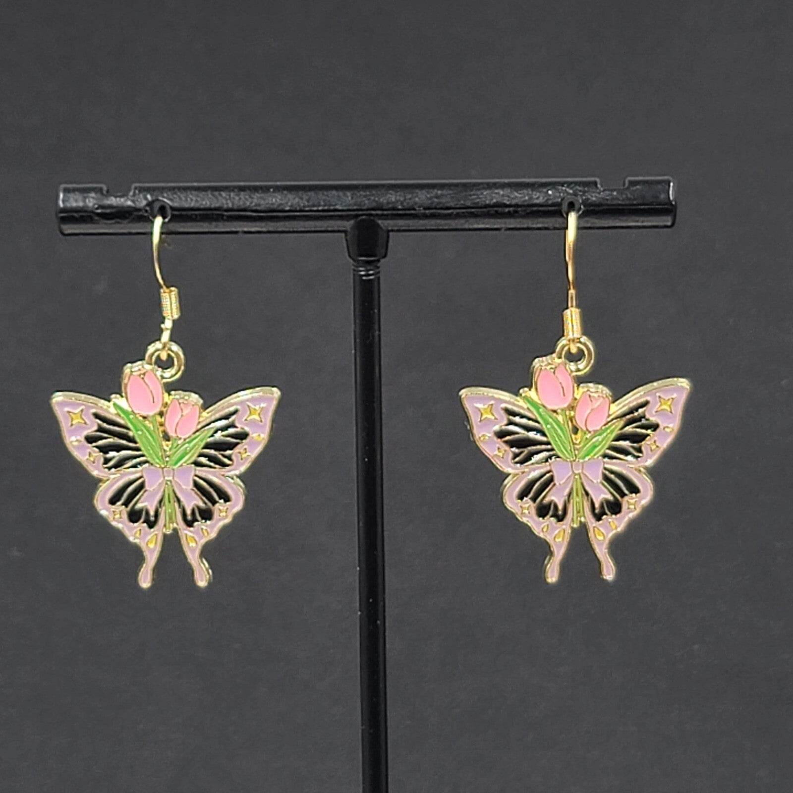 Pink Tulip Purple Moth Enamel Pierced Earrings Gold tone Dangle Butterfly 1"
