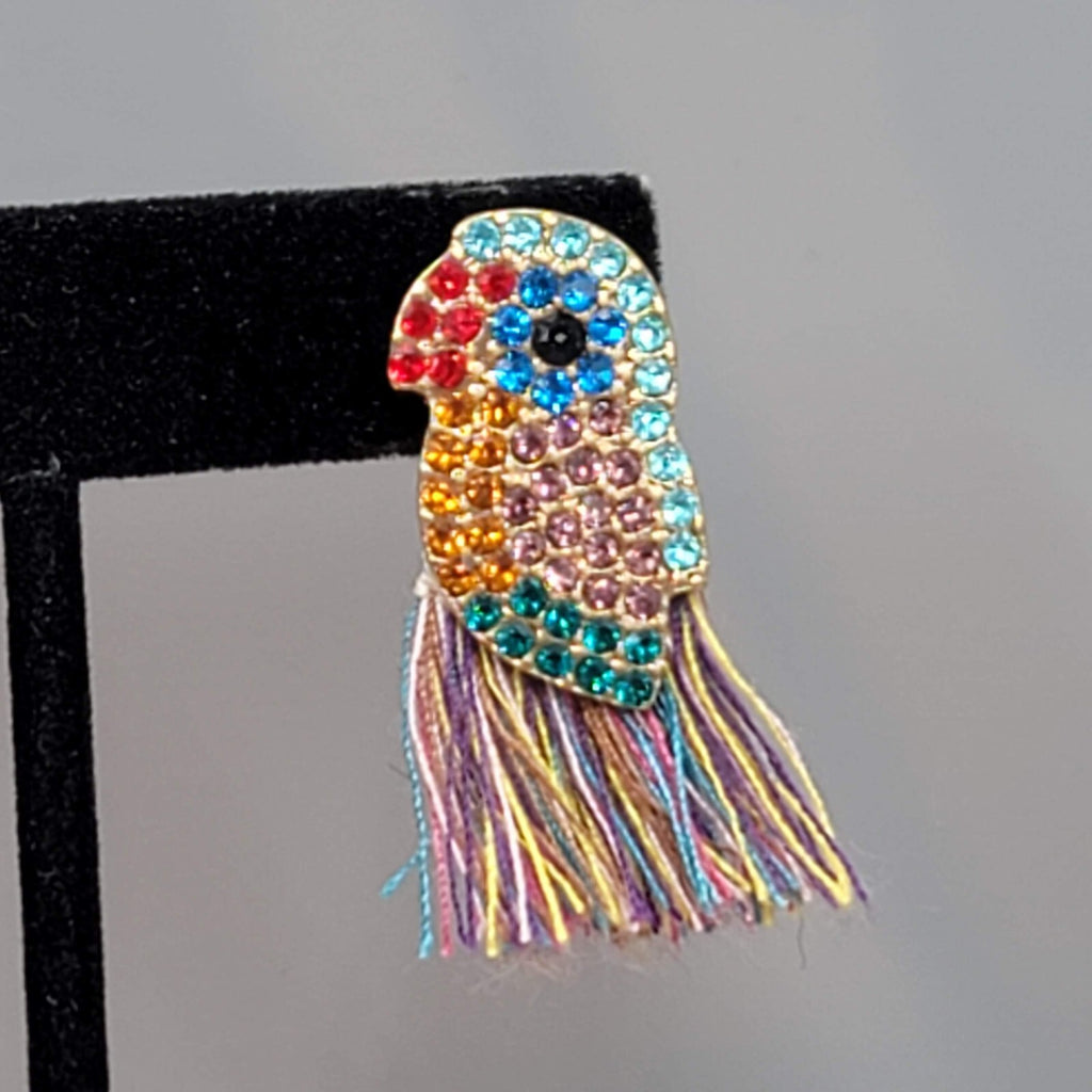 Crystal Bird Pierced Earrings Gold tone Multicolor Tassel 1.5"