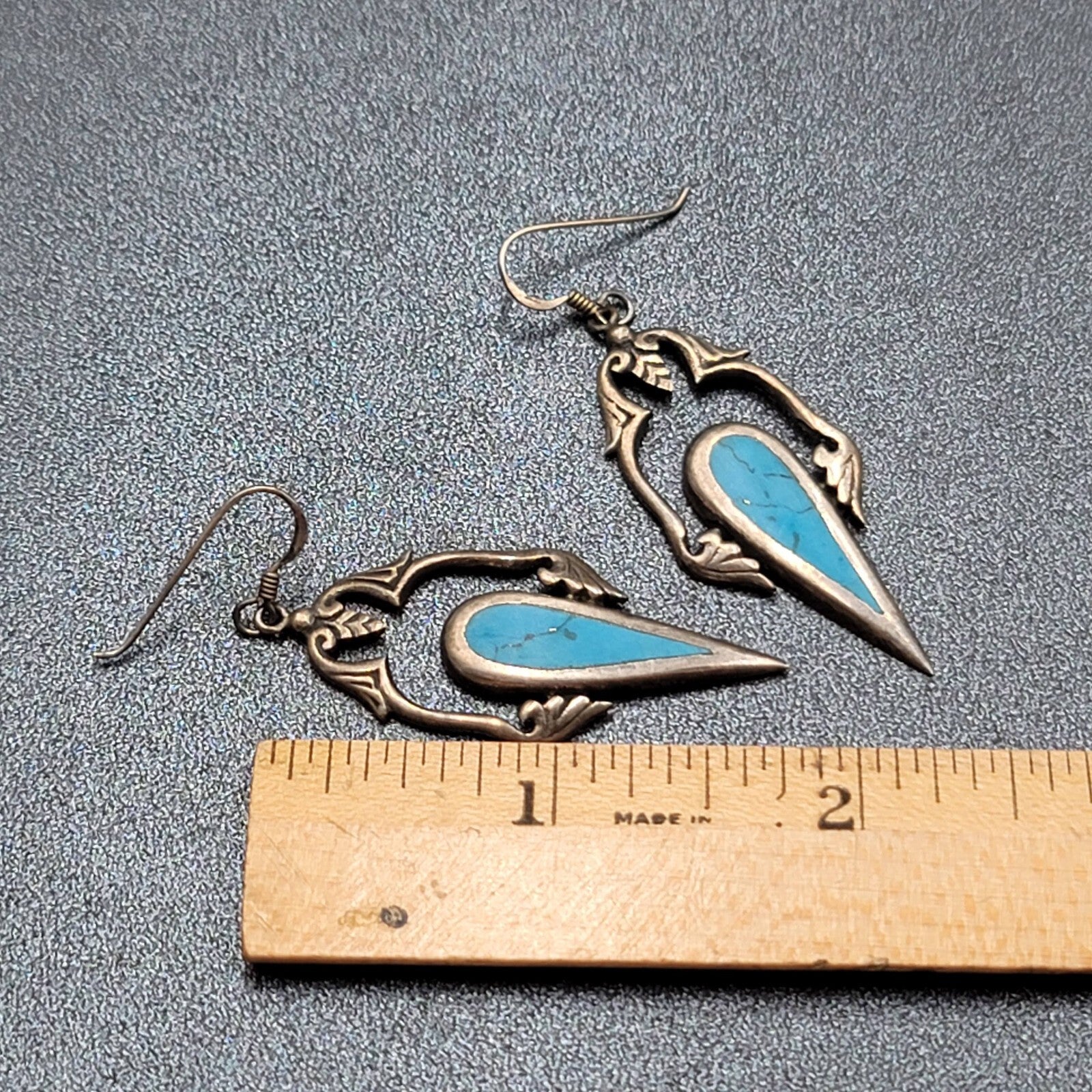 Sterling Silver Pierced Earrings Unique Blue Turquoise Dangle 1.75"
