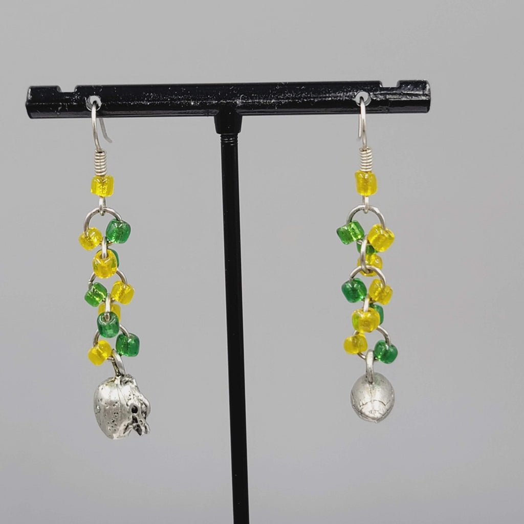 Football Charm Pierced Earrings Green Yellow Bead Dangle 1.5"