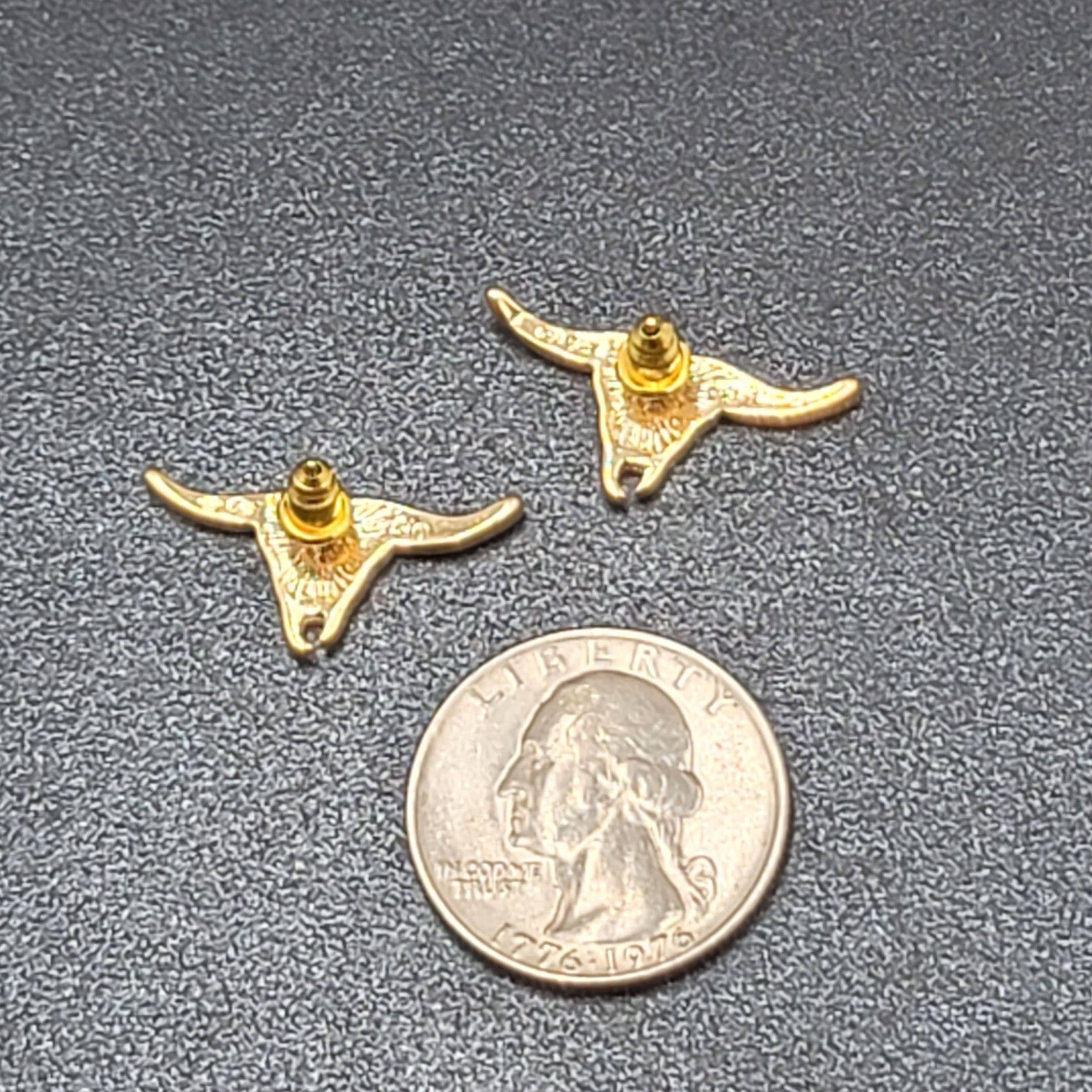 Vintage Pierced Earrings Gold Plated Long Horn Cattle Black Enamel Studs NOS