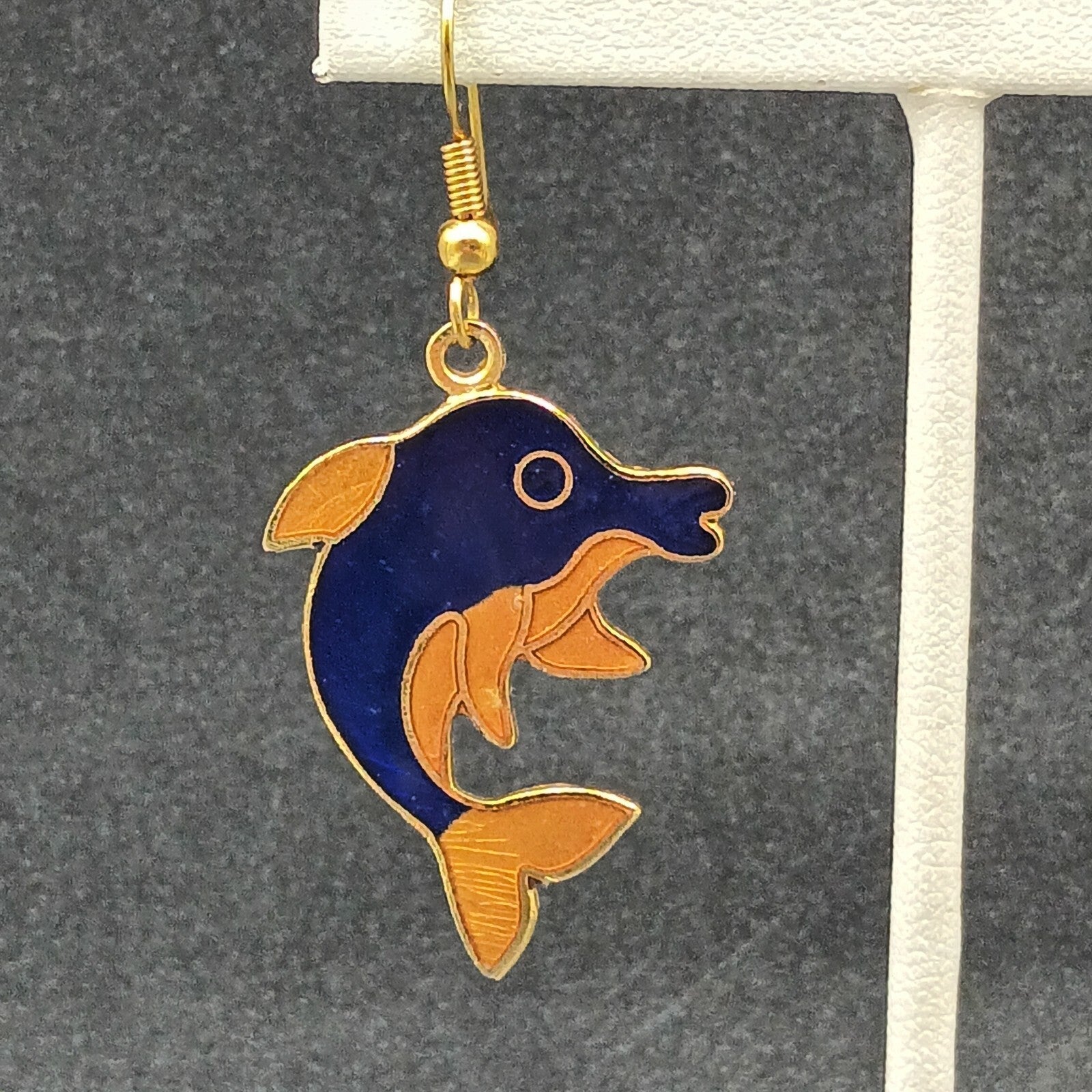 Vintage Dolphin Pierced Earrings Gold tone Blue Orange Enamel Dangle 1 1/4"