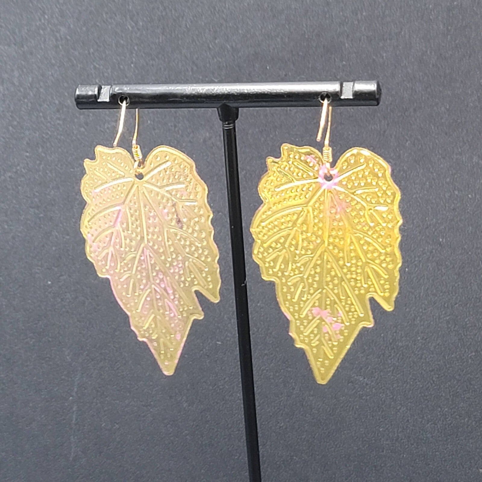 Pierced Earrings Gold tone Pink Enamel Large Statement Dangle Leaves Lightweight