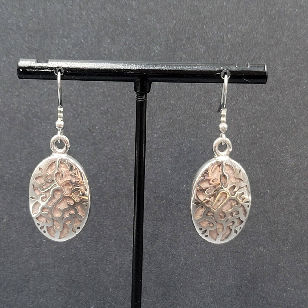 Pierced Earrings Silver tone Stainless Steel Oval Peach Enamel Dangle 1 1/8"