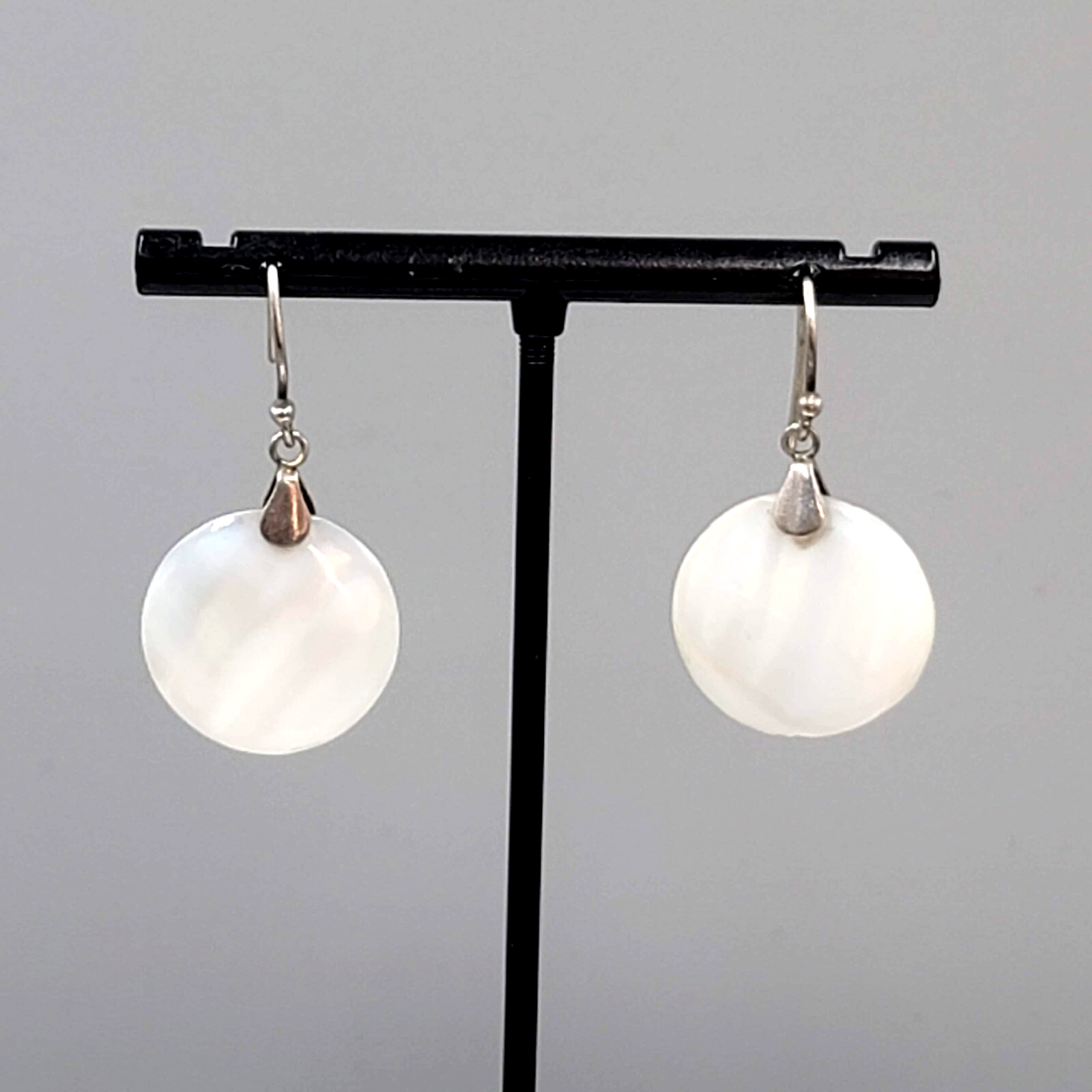Sterling Silver Pierced Earrings Round Mother of Pearl Dangle 7/8"