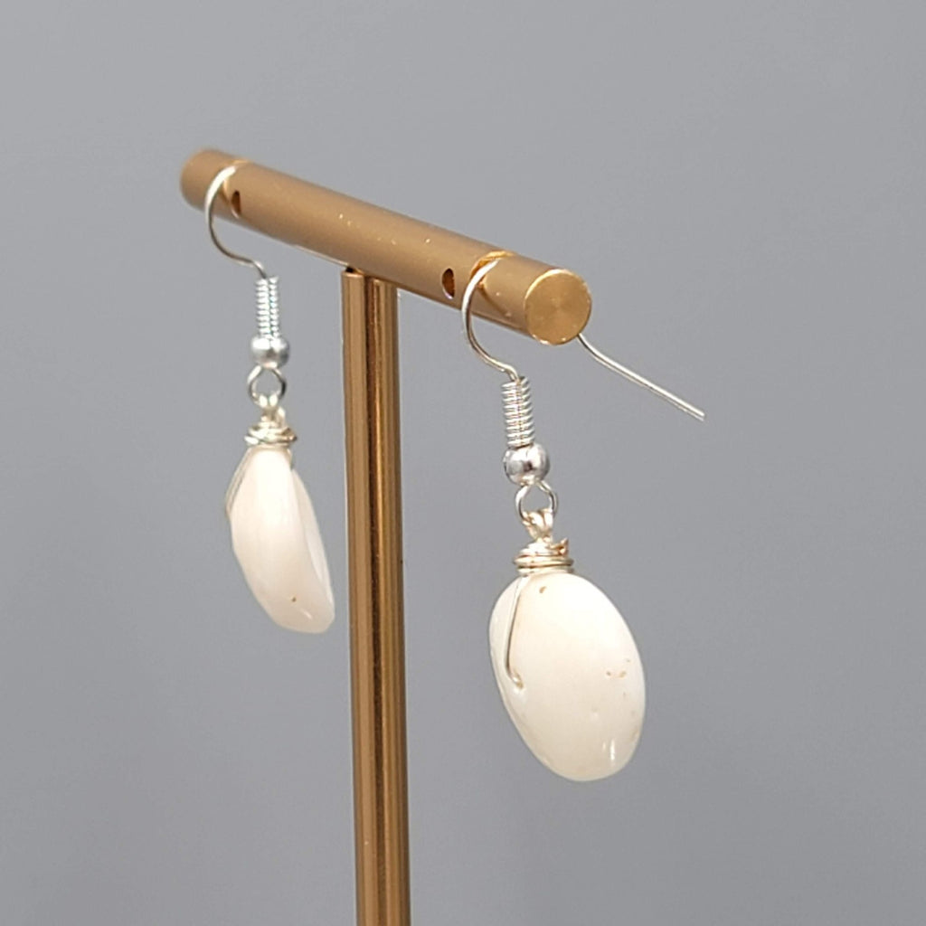 White Shell Pierced Earrings Silver tone Dangle 3/4"