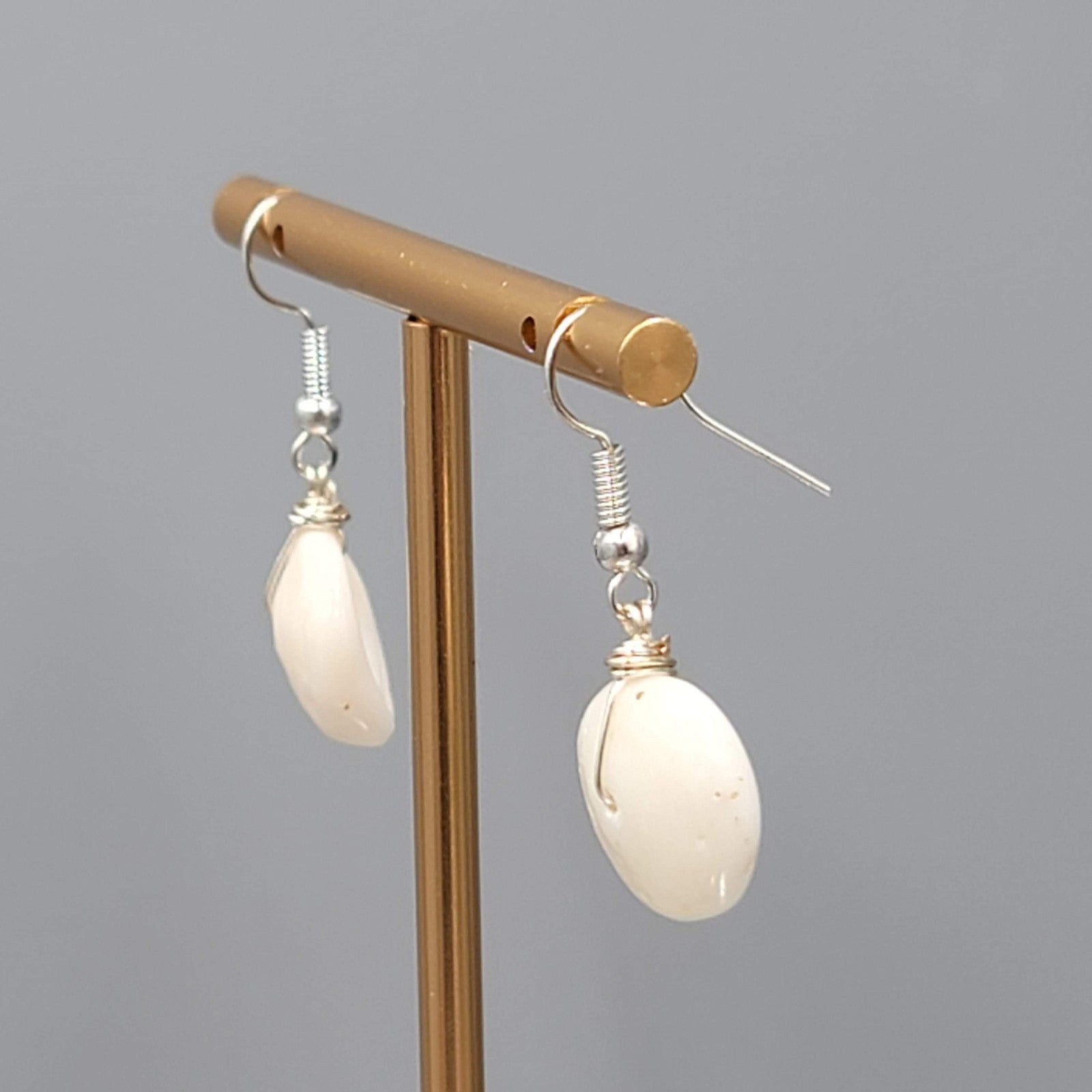 White Shell Pierced Earrings Silver tone Dangle 3/4"