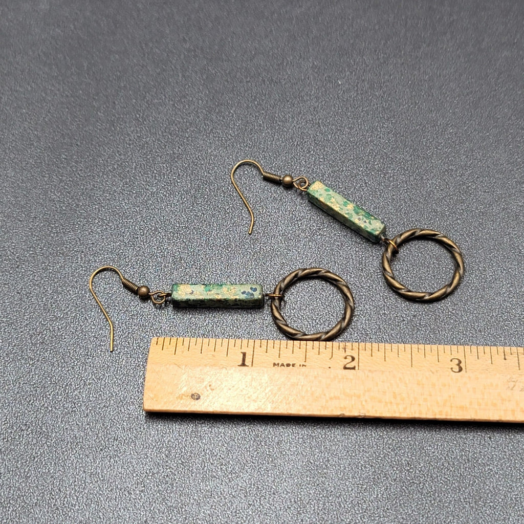 Pierced Earrings Bronze tone Green Stone Dangle 2"