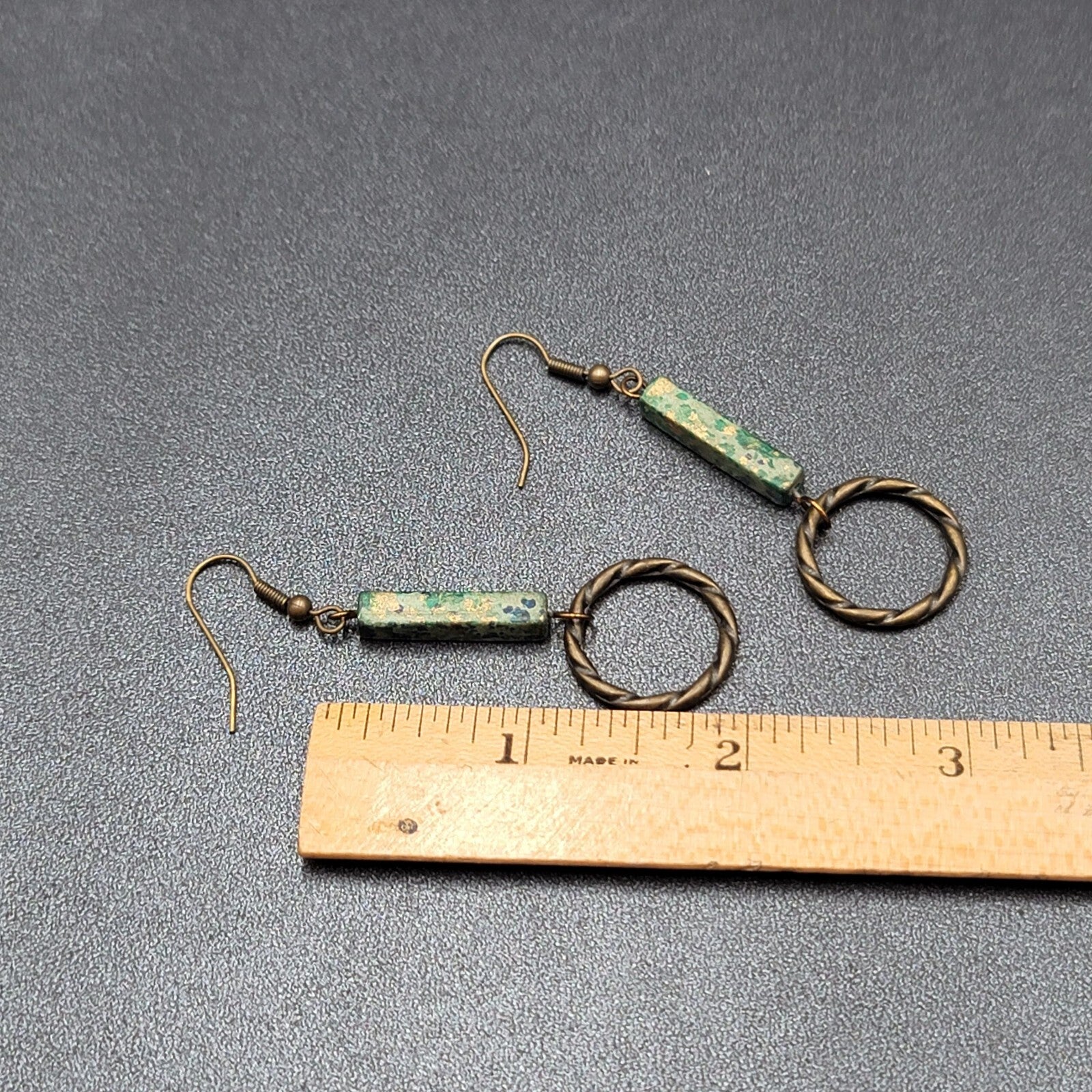 Pierced Earrings Bronze tone Green Stone Dangle 2"
