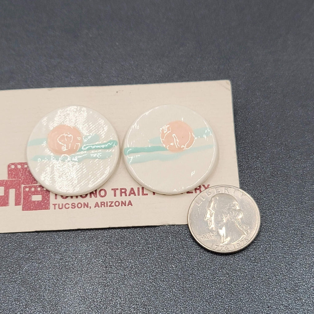 Vintage Tohono Trail Pottery Pierced Earrings White Peach Teal Discs 1.25"