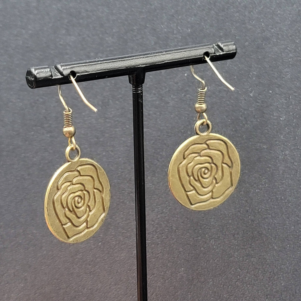 New Embossed Rose Flower Hat Pierced Earrings Bronze tone Round Dangle 1"