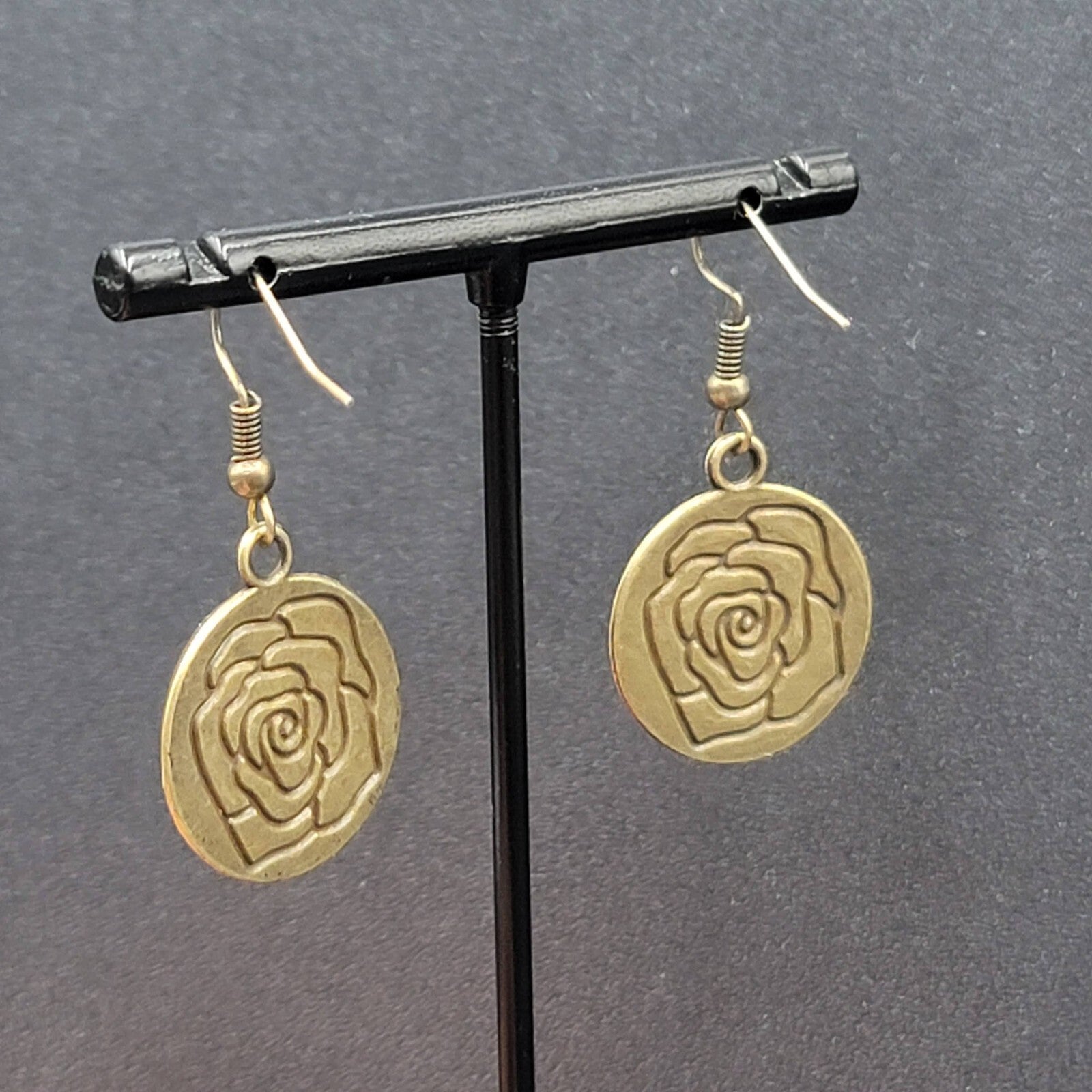 New Embossed Rose Flower Hat Pierced Earrings Bronze tone Round Dangle 1"