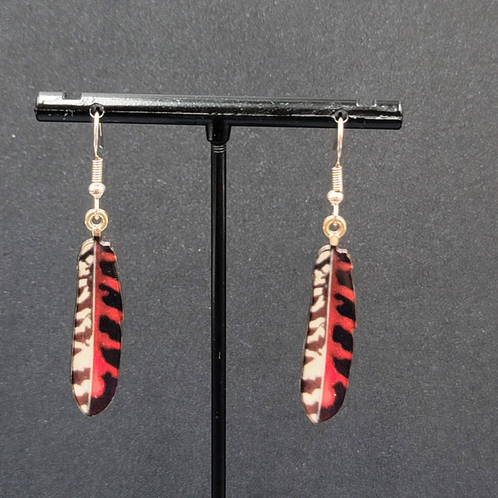 Metal Feather Pierced Earrings Red Black White Gold tone Dangle 1.5"