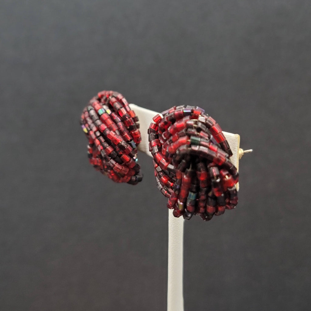 Vintage Pierced Earrings Red Black Seed Bead Cluster Knot 1"