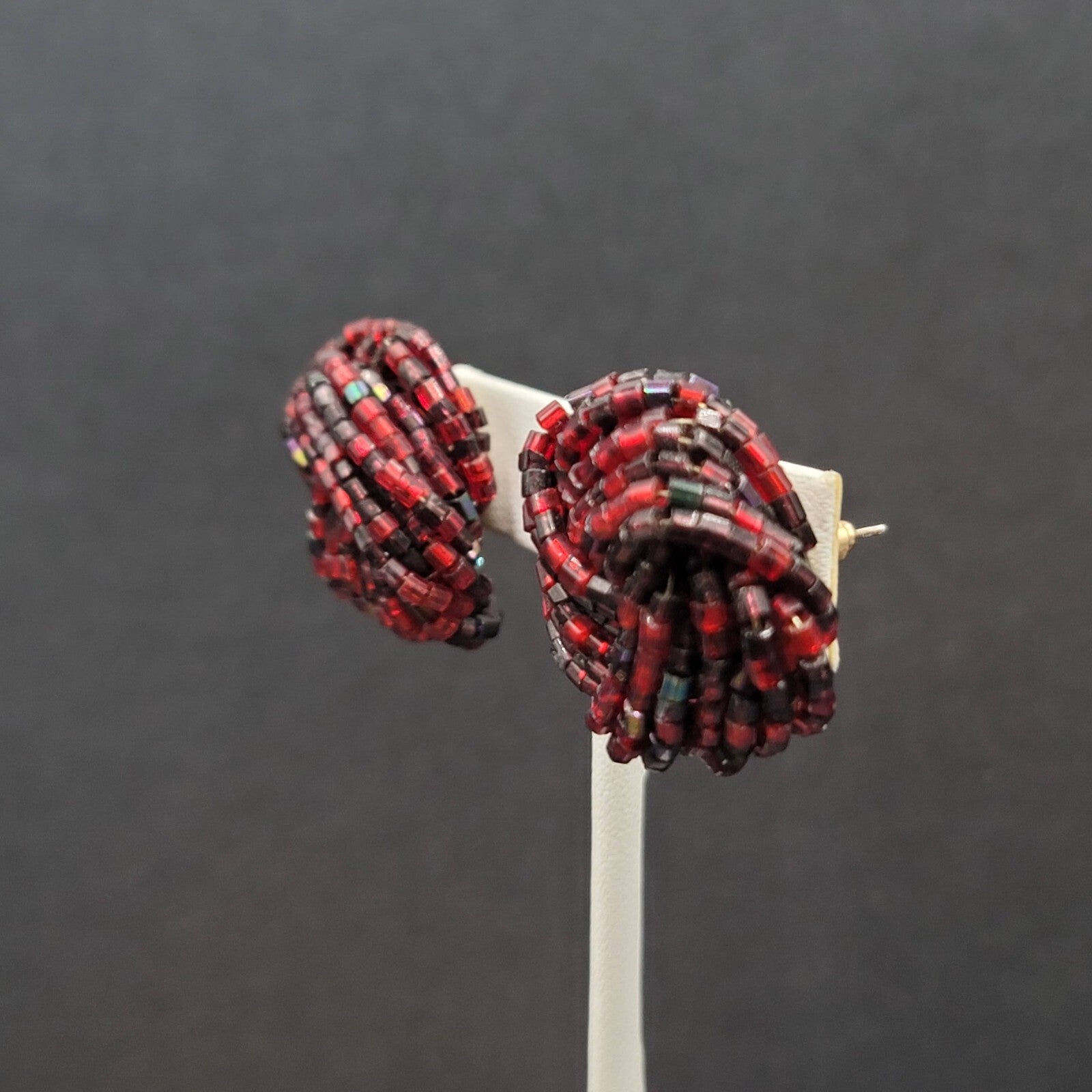 Vintage Pierced Earrings Red Black Seed Bead Cluster Knot 1"