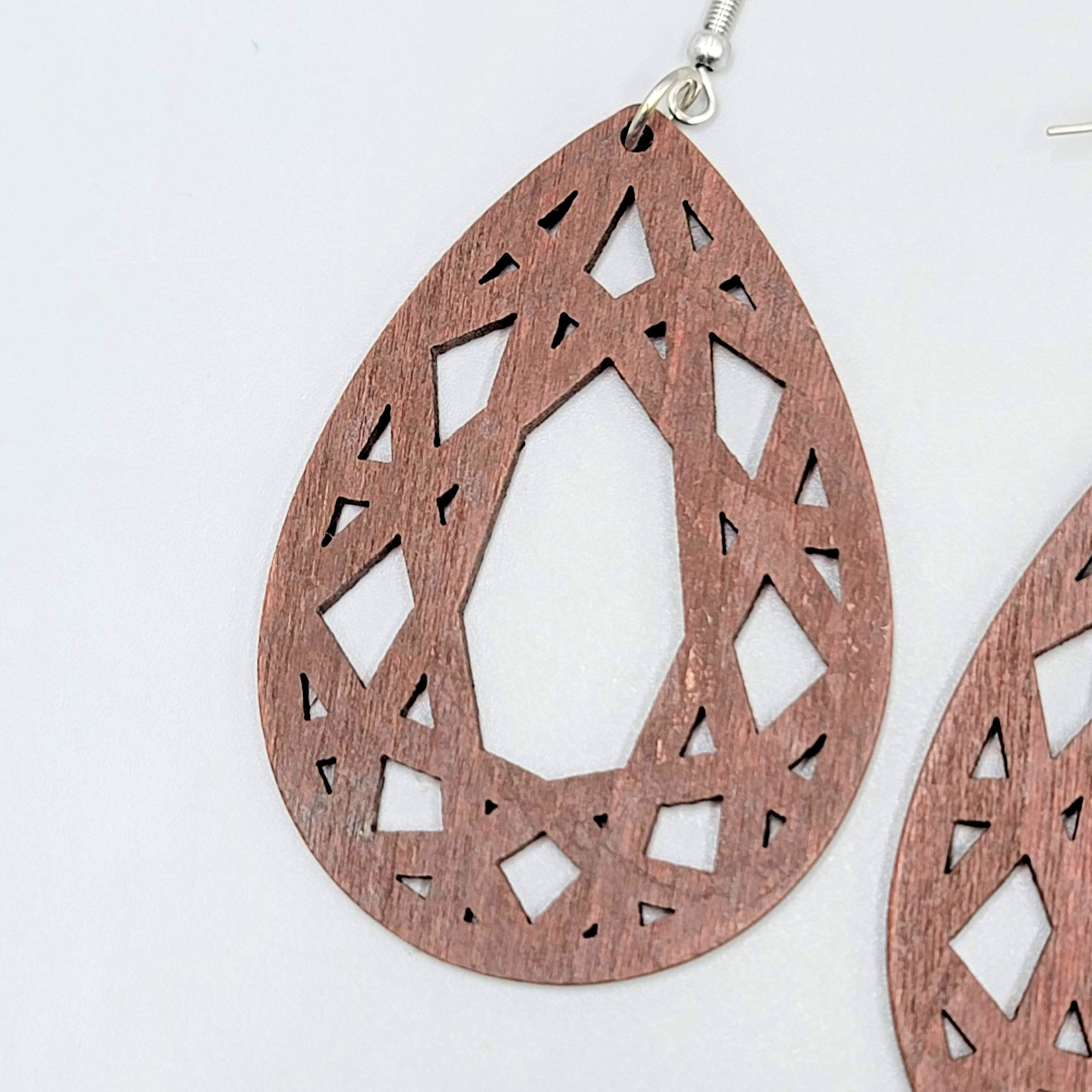 Wood Cut Large Teardrop Boho Pierced Earrings Silver tone Dangle 2.5 in