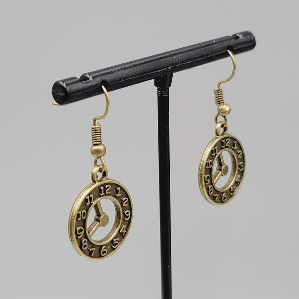 Clock Pierced Earrings Bronze tone Open Work Embossed Dangle New 7/8"