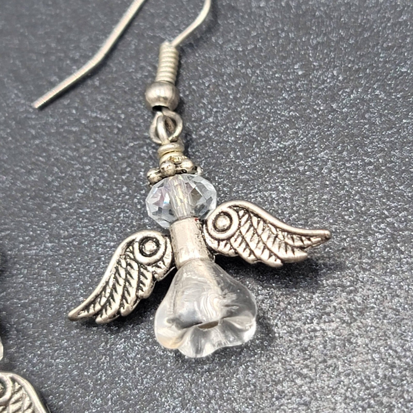 Angel Pierced Earrings Silver tone Glass Beaded Dangle 7/8"