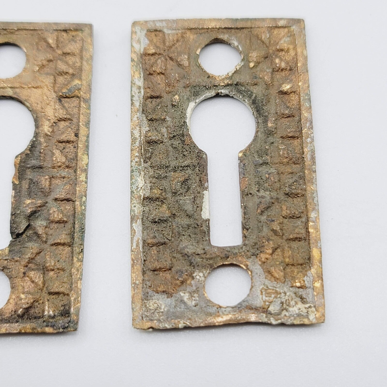 Set of 2  Vintage Oval Brass Skeleton Key hole Escutcheon Salvage Lot PAIR
