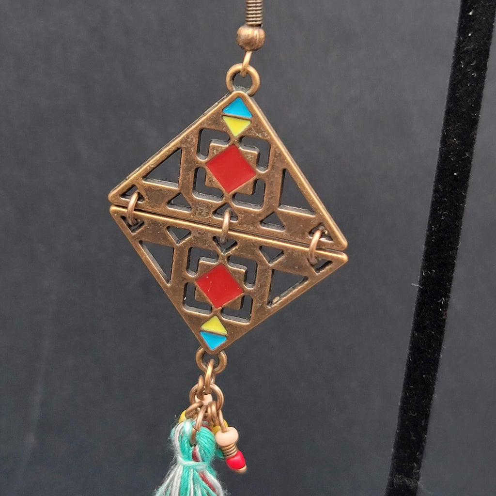 New Boho Pierced Earrings Copper tone Enamel Blue Tassel Long 3"