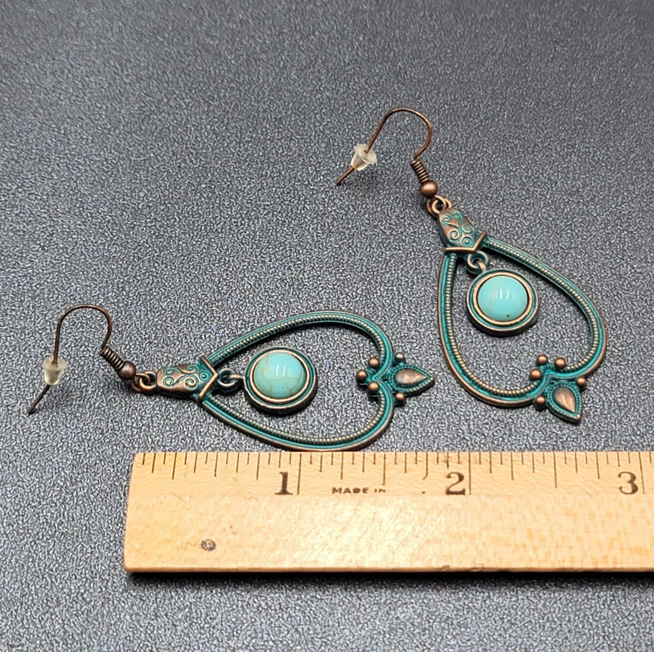 New Boho Pierced Earrings Copper tone Green Enamel Faux Turquoise Dangle 1.75"