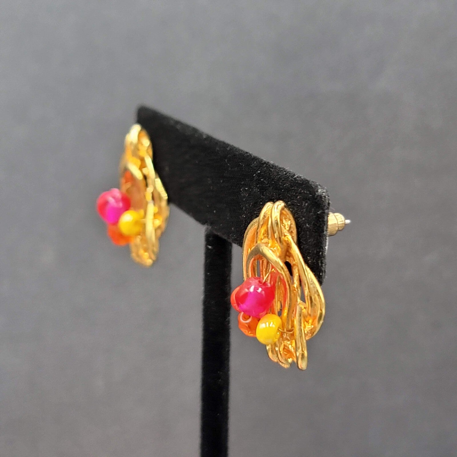 Pierced Earrings Gold Plated Pink Yellow Beaded Artistic Drop 1"