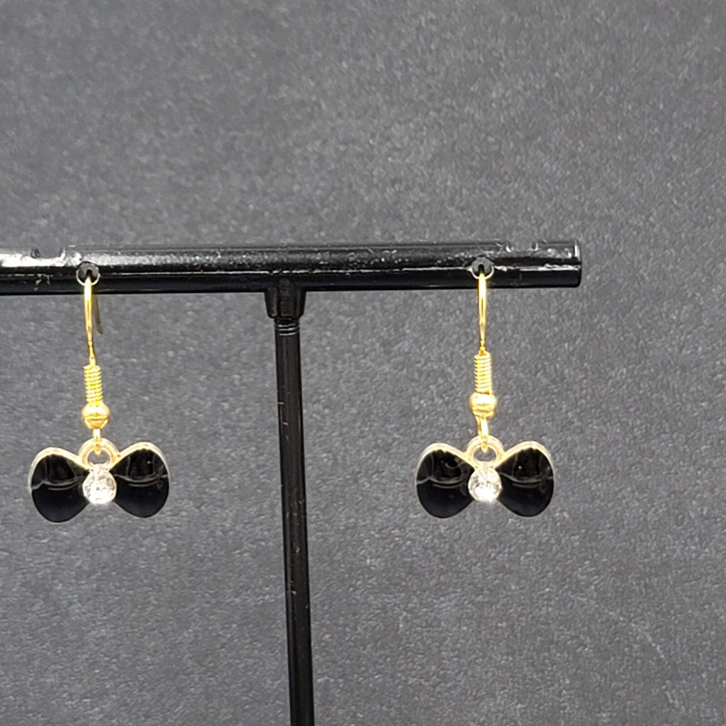 Bow Pierced Earrings Gold tone Crystal Black Enamel Dangle 3/8"