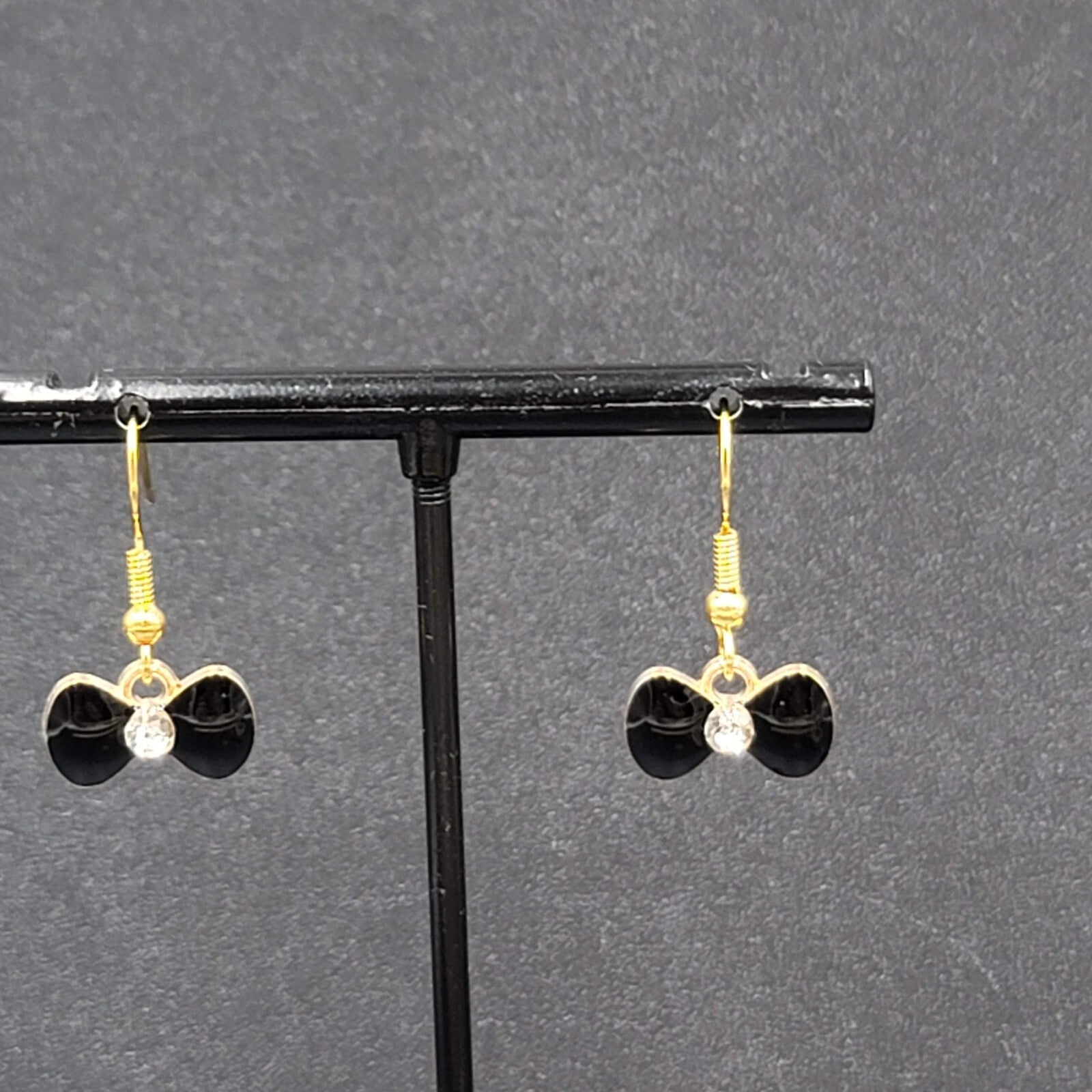 Bow Pierced Earrings Gold tone Crystal Black Enamel Dangle 3/8"