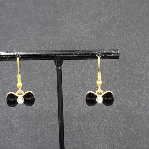 Bow Pierced Earrings Gold tone Crystal Black Enamel Dangle 3/8"