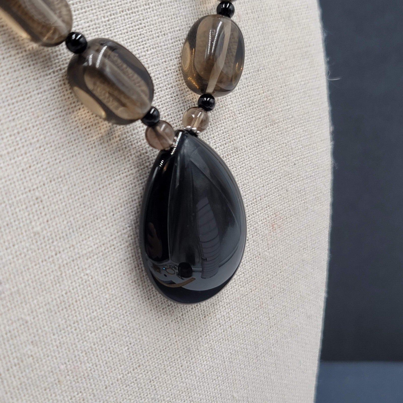 ATI Glass Bead Necklace Black Smokey Teardrop Pendant Sterling Silver Clasp 16"