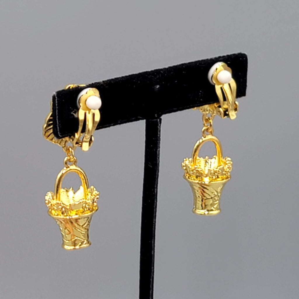 Vintage Pink Enamel Flower Clip on Earrings Gold tone Dangle Basket 1.75"