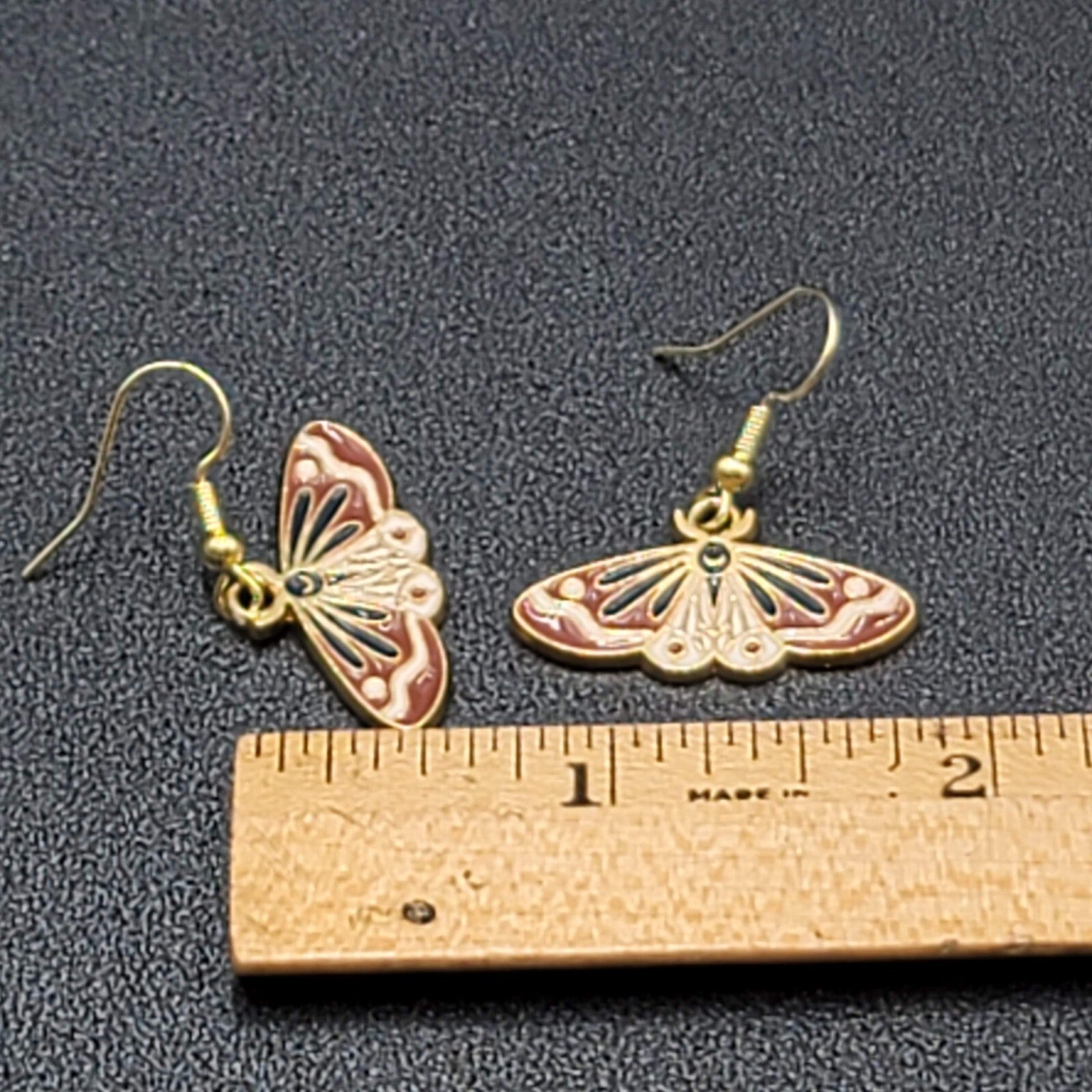 Moth Pierced Earrings Gold tone Brown Black Enamel Dangle 1/2"
