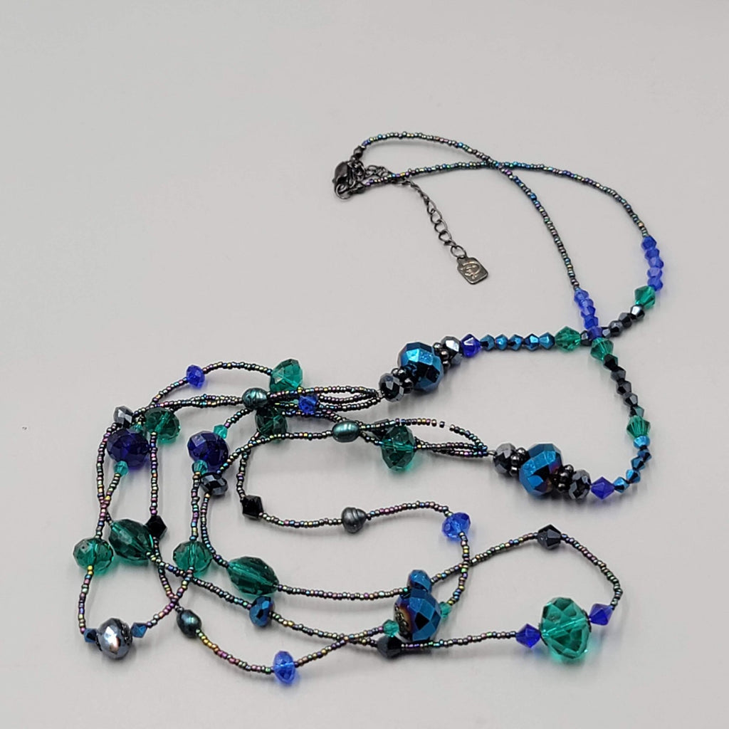 Signed Beaded Necklace Long 30 in Black Purple Green Triple Layer