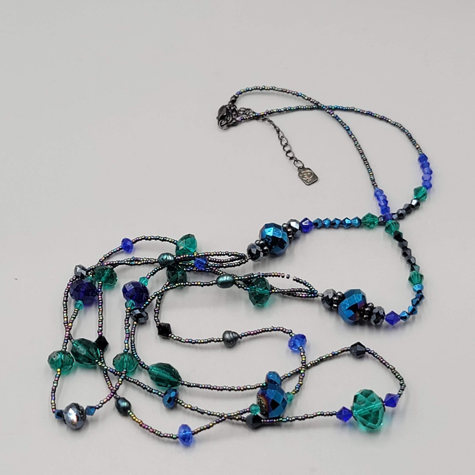 Signed Beaded Necklace Long 30 in Black Purple Green Triple Layer