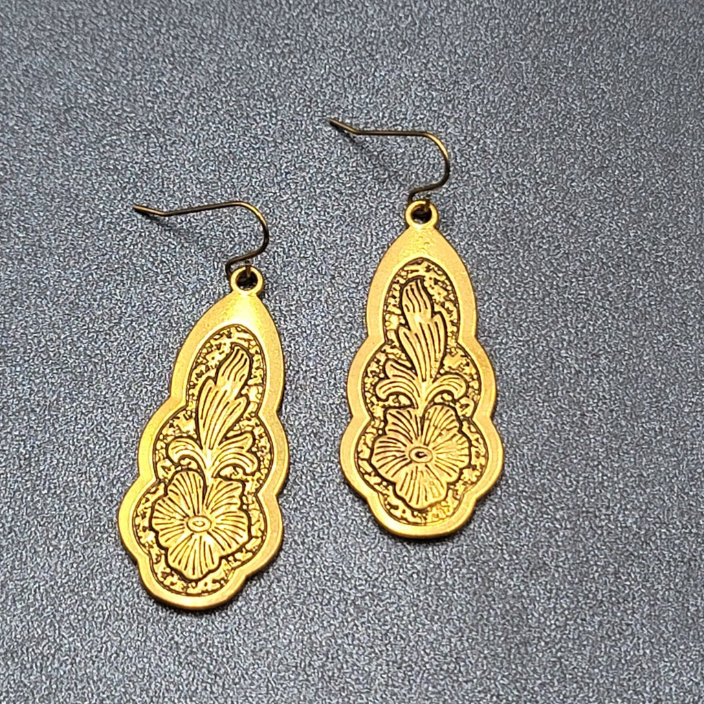Pierced Earrings Gold Plated Black Embossed Flowers Dangle 1.75"