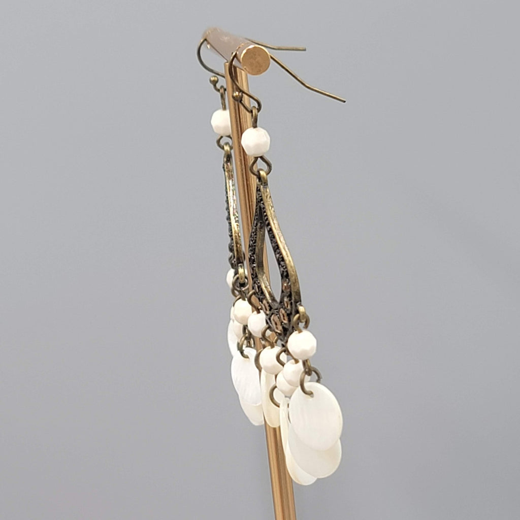 Chandelier Mother of Pearl Pierced Earrings Bronze tone Dangle 2.75 in