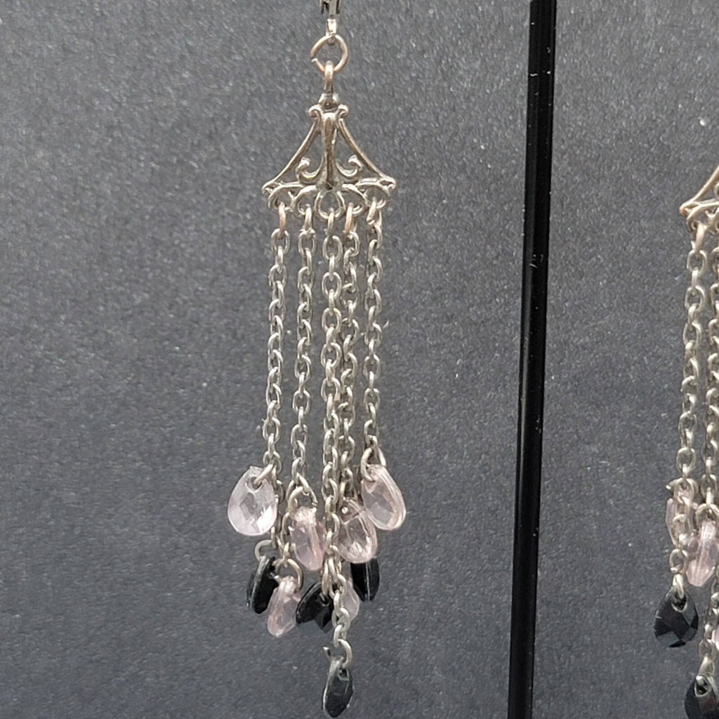 Pierced Earrings Gun Metal Gray Multi Chain Purple Black Beads 2 7/8"