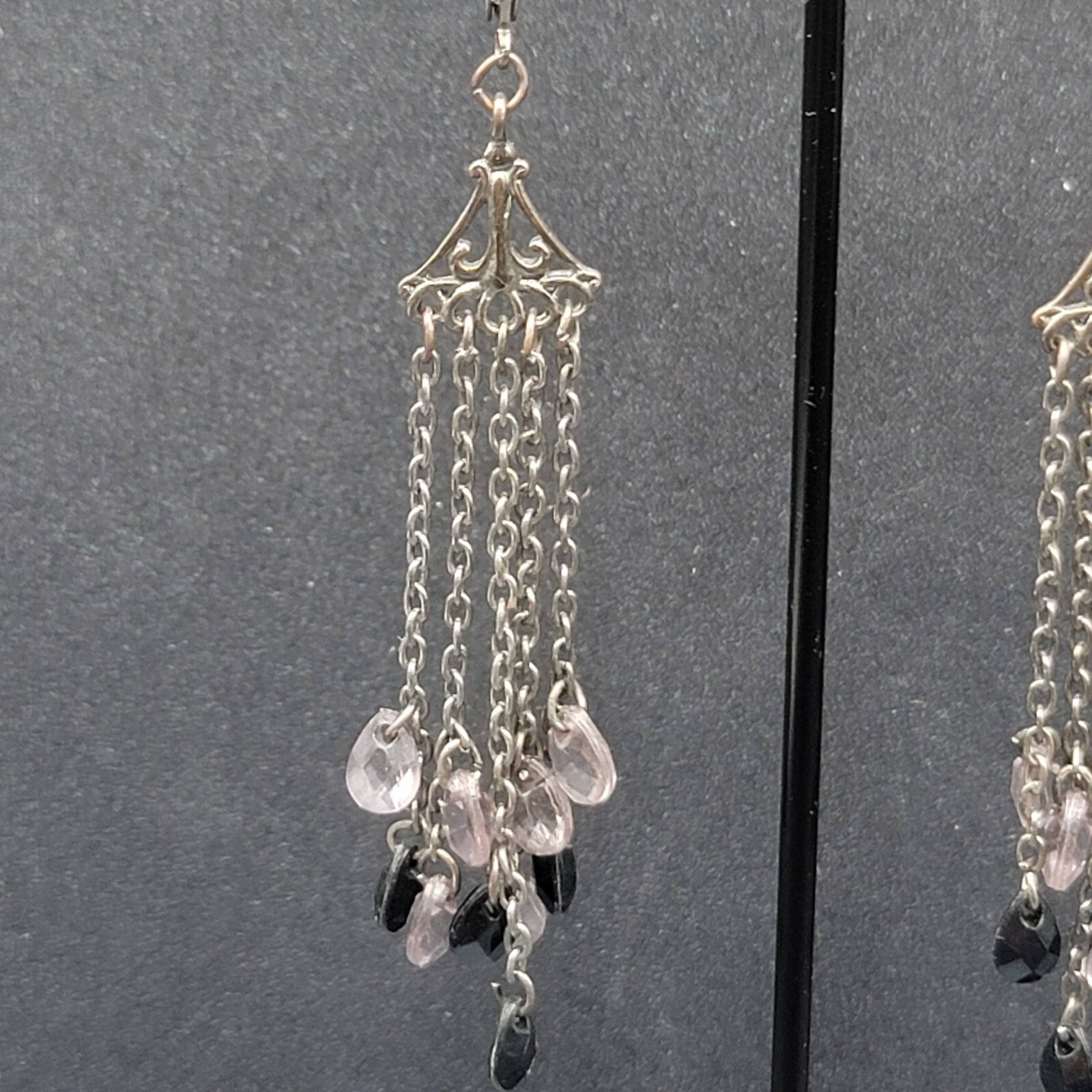 Pierced Earrings Gun Metal Gray Multi Chain Purple Black Beads 2 7/8"